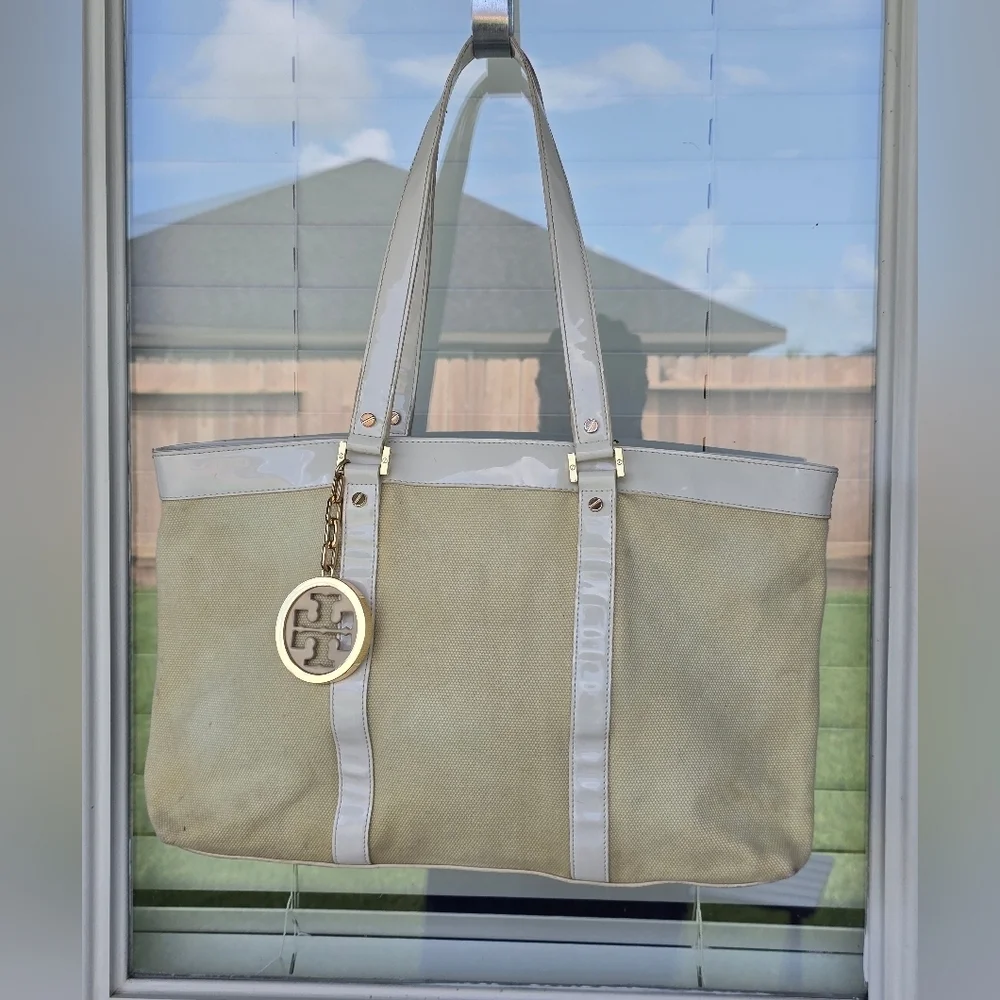 Tory Burch Jane Beige Canvas Tote Leather Purse Handbag Satchel Tan White Logo